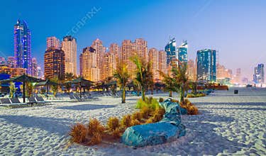 Evening view on Dubai Marina and Jumeirah beach in luxury Dubai city