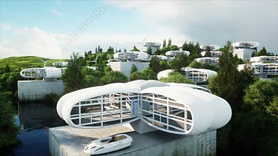 Futuristic city, village. The concept of the future. Aerial view. Realistic 4k animation.