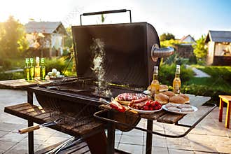 Barbecue grill party. Tasty food on wooden desk.