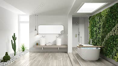 Minimalist white bathroom with vertical and succulent garden, wooden floor and pebbles, hotel, spa, modern interior design