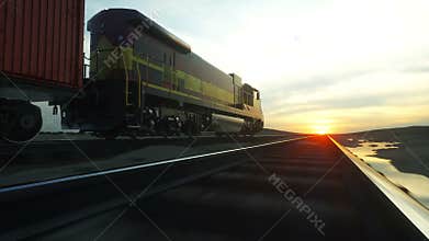 Freight train with cargo containers. Against Sunrise. logistic concept. Realistic cinematic 4k.