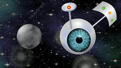 Sci-fi video with UFO. Fantasy space ship with blue eye flying trough cosmos, 3d computer generated movie