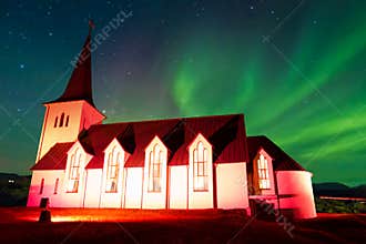 Borgarnes church with northern lights