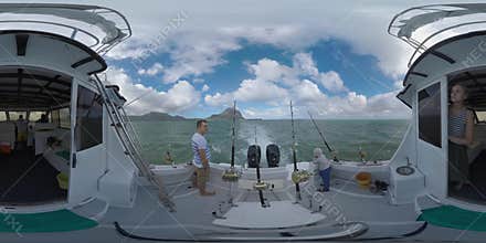 360 VR Family traveling by yacht fishing on its way in the ocean, Mauritius