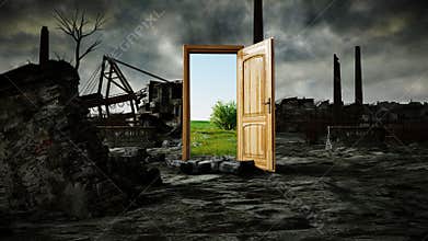 Opened door. A portal between nature and ecological catastrophe, apocalypse. 3d rendering.