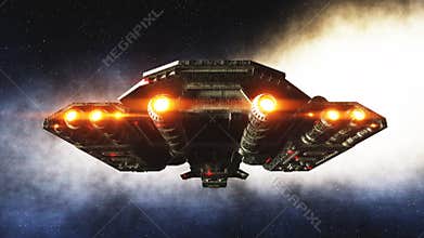 Futuristic space ship in . Earth planet wonderfull view. realistic metal surface . 3d rendering.
