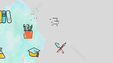 Seamless animation flat school education academic icon such as math and science in many subjects in smooth watercolor paint paper