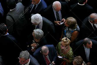 Crowd at the entrance to the United Nations Building in New York, bird perspective