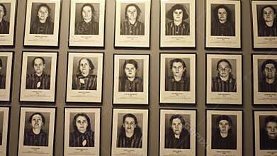 OSWIENCIM, POLAND - JANUARY, 14, 2017 Portraits of Auschwitz Birkenau victims. German Nazi concentration and