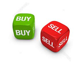Pair of red and green dice with buy, sell sign