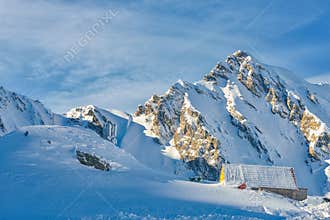 Chalet during winter at Balea Lake in the Fagaras mountains, Romania