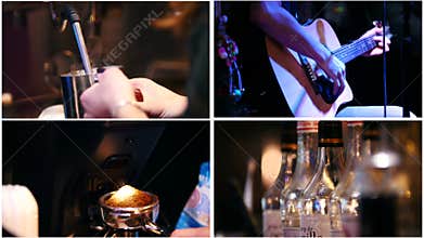 Four in one: coffee shop concept - Black coffee pours in a container of coffee machine, guitar, beverages