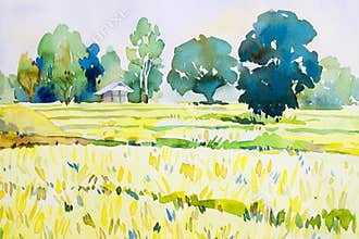 Watercolor landscape original painting colorful of cottage, rice field.