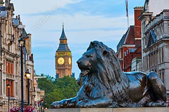 London Trafalgar Square lion and Big Ben