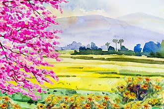 Painting colorful of flowers and rice field in the morning