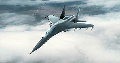 Fighter Jet flying high above the clouds