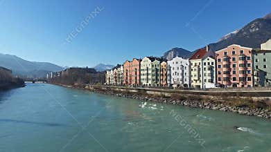 4K. Amazing Innsbruck in Austria, panoramic city view with Inn river and Alps. Winter time