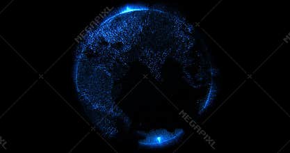 3d rendering of blue particles sparkle glitter with shape of detailed virtual planet earth world globe on black background