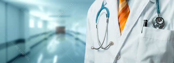 Man Doctor With Stethoscope In Coat. Global Healthcare Medicine Insurance Concept