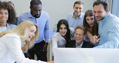 Businessman boss sitting on computer show business people team new successful strategy, cheerful businesspeople group