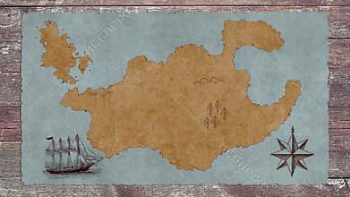 A Blank Treasure Map with a Sailing Boat on a Wooden Table