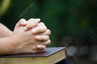 Woman hands folded in prayer on a Holy Bible for faith concept