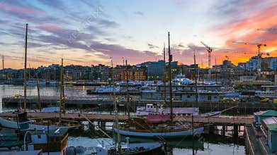 Video time lapse view of yachts in Oslo Harbor, Oslo Fjord at night in Oslo city, Norway, timelapse 4K