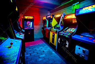 Room full of of 90s Era Old Arcade Video Games in Gaming Bar
