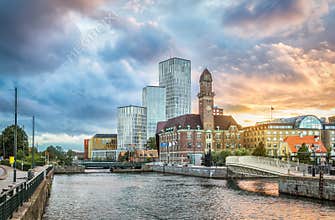 Beautiful cityscape with sunset in Malmo, Sweden