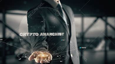Crypto Anarchist with hologram businessman concept