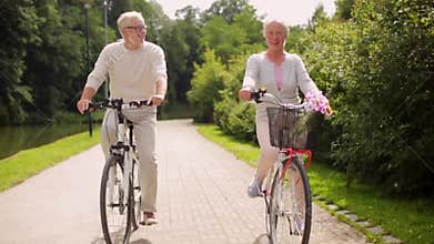 Happy senior couple riding bicycles at summer park