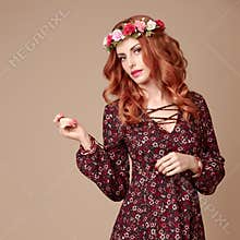 Autumn Fall Fashion.Redhead Woman, Curly Hairstyle