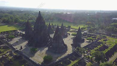 Aerial landscape footage of Prambanan temple complex