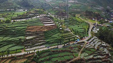 Aerial footage of farmland with transmitter tower