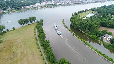 Confluence of rivers Rhine and Main, Kostheim, Germany - aerial view