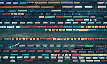 Aerial view of colorful freight trains