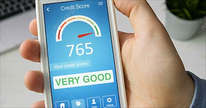 Checking credit score on smartphone using application. The result is VERY GOOD
