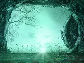 Jesus Tomb Opening with Empty Foreground Mockup Space and Stone Paved Path towards Ethereal Emerald Light