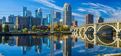Minneapolis skyline, 3rd avenue bridge, autumn