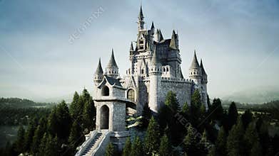 Old fairytale castle on the hill. aerial view. 3d rendering.