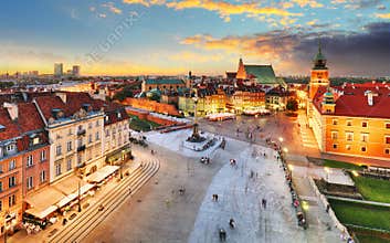 Warsaw Old Town square, Royal castle at sunset, Poland