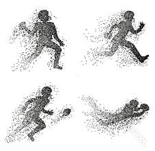 Set of particle divergent silhouettes of american football players.