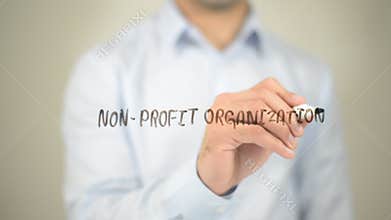 Non Profit Organization, Man writing on transparent screen