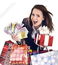 Business woman with money, gift box andbag.
