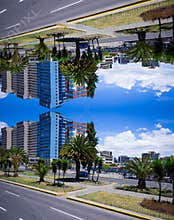Financial District of Quito, Naciones Unidas Boulevard with mirrored effect in the city of Quito Ecuador