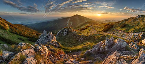 Panorama rocky mountain at sunset in Slovakia