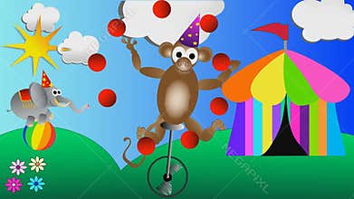 Monkey juggling balls and circus elephant balancing on a big ball kids cartoon