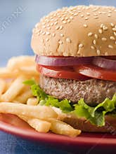 Beef Burger in a Sesame Seed Bun with Fries
