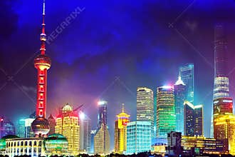 SHANGHAI, CHINA - MAY 24, 2015:Skyline night view from Bund wat