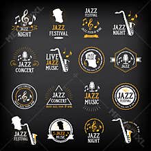 Jazz music party logo and badge design. Vector with graphic.